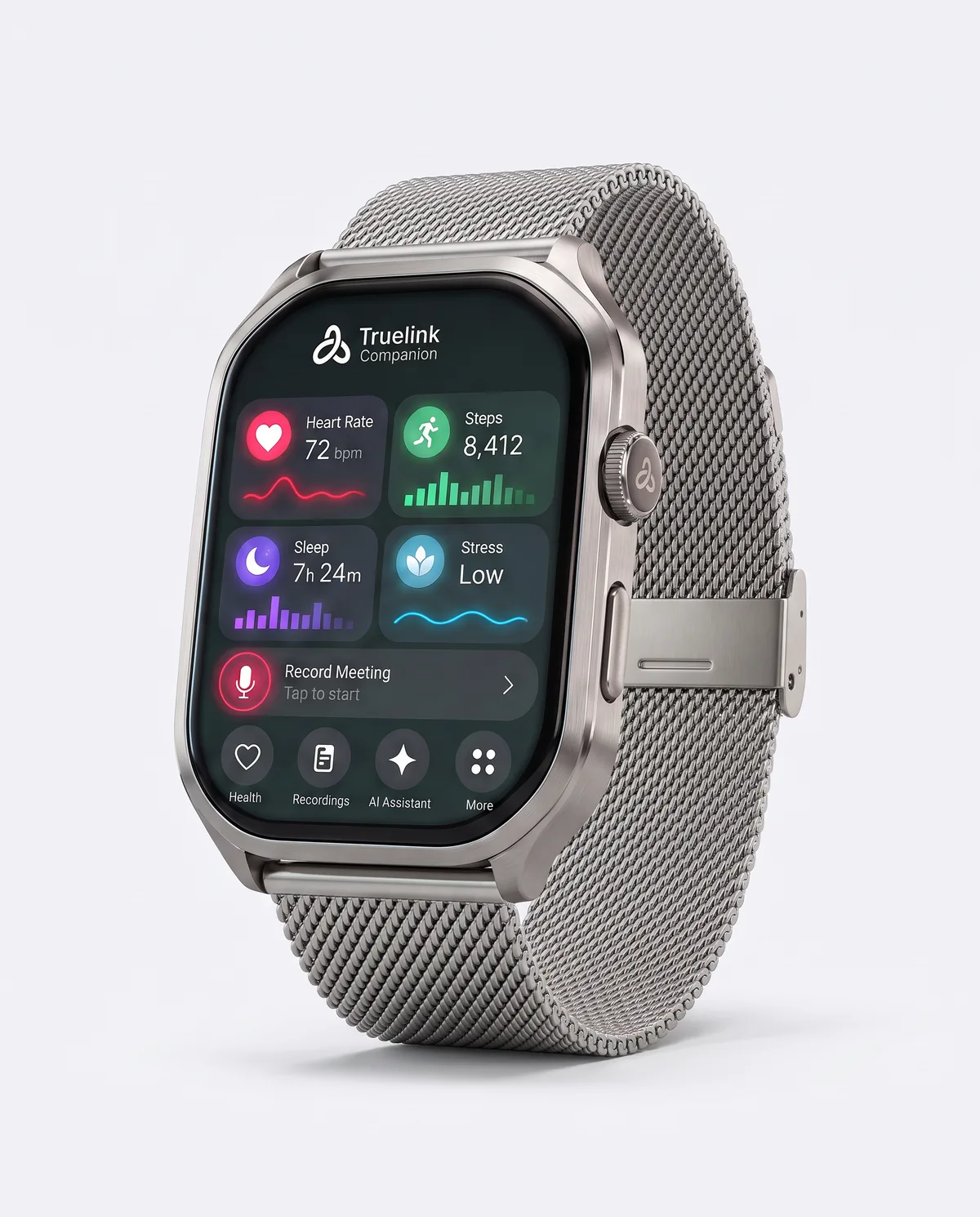 The Truelink Watch on its milanese strap